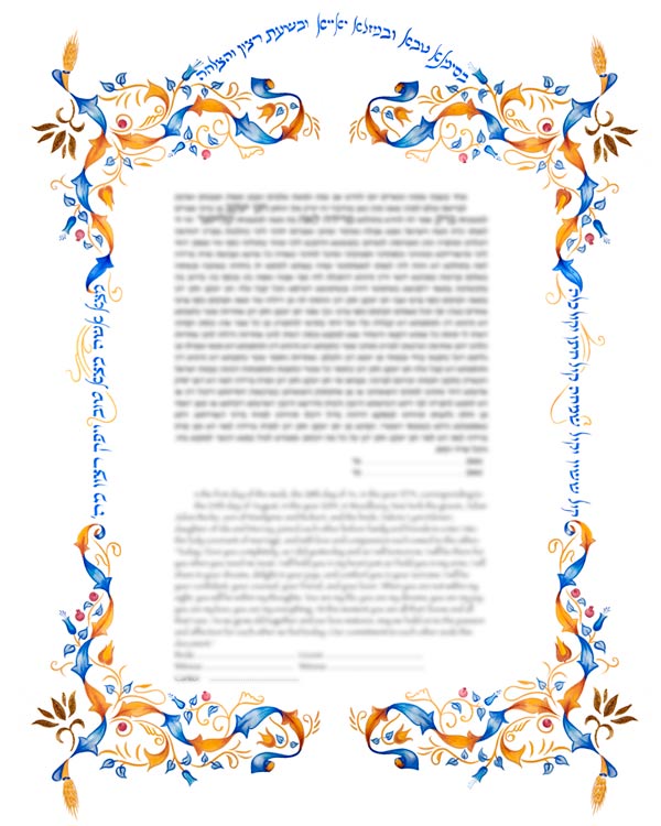 Floral motif Ketubah in orange and blue